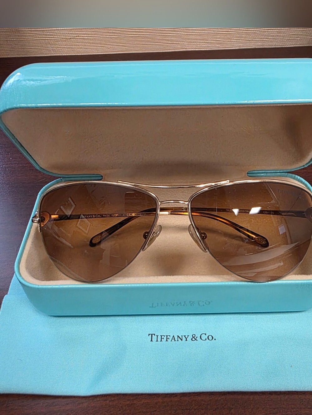Return To Tiffany & Co. TF 3021 Gold Aviator Sunglasses With Original Case